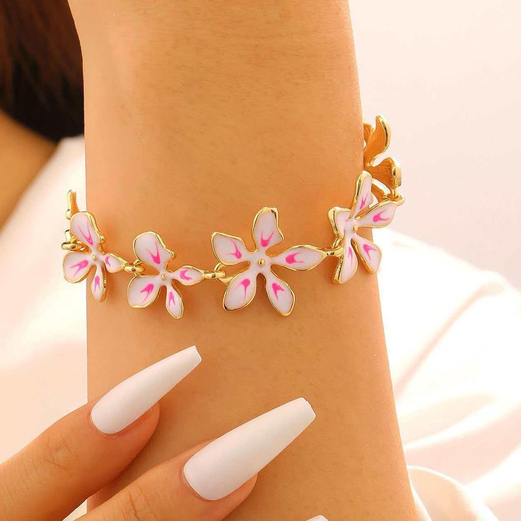 Colorful Geometric Enamel Flower Necklace & Bracelet Set for Women