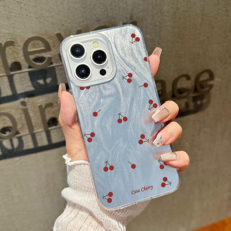Little Cherry Print Luxury Glitter Case For iPhone 16 Pro Max 15 Pro 14 13 12 11 Hybrid TPU PC Clear Shockproof Slim Phone Cover