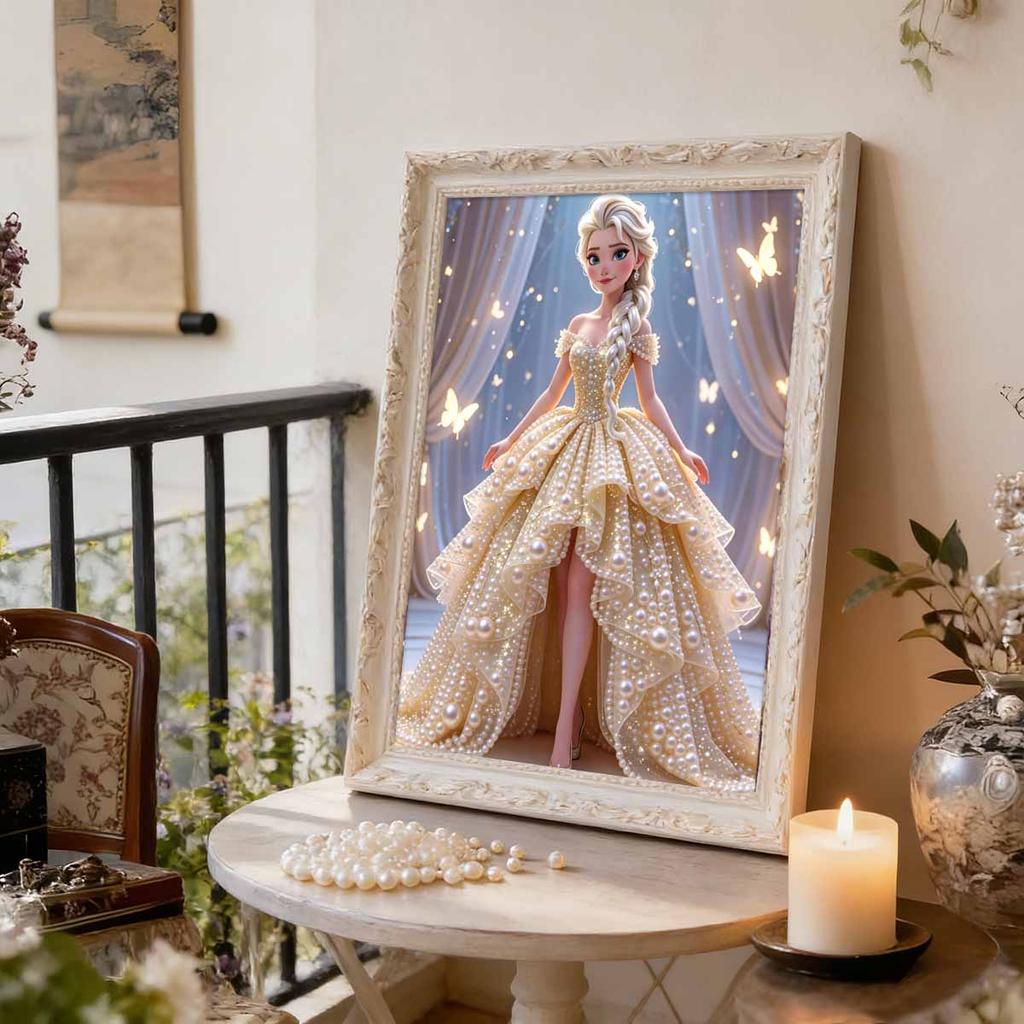 Golden Gown Butterfly Elsa New Pearl-Inlaid Frameless Art | Handmade Pearl Craft, Sheer Curtain Starry Butterfly Theme, for Elegant Romantic Decor