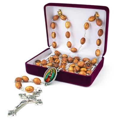 Unsere Liebe Frau von Guadalupe Israelisches Katholisches Rosenkranz aus Holz Olivenholz Rosenkranzperlen mit Ikone Porträt Kreuz Konfirmation Kommunion Unisex Halskette, &