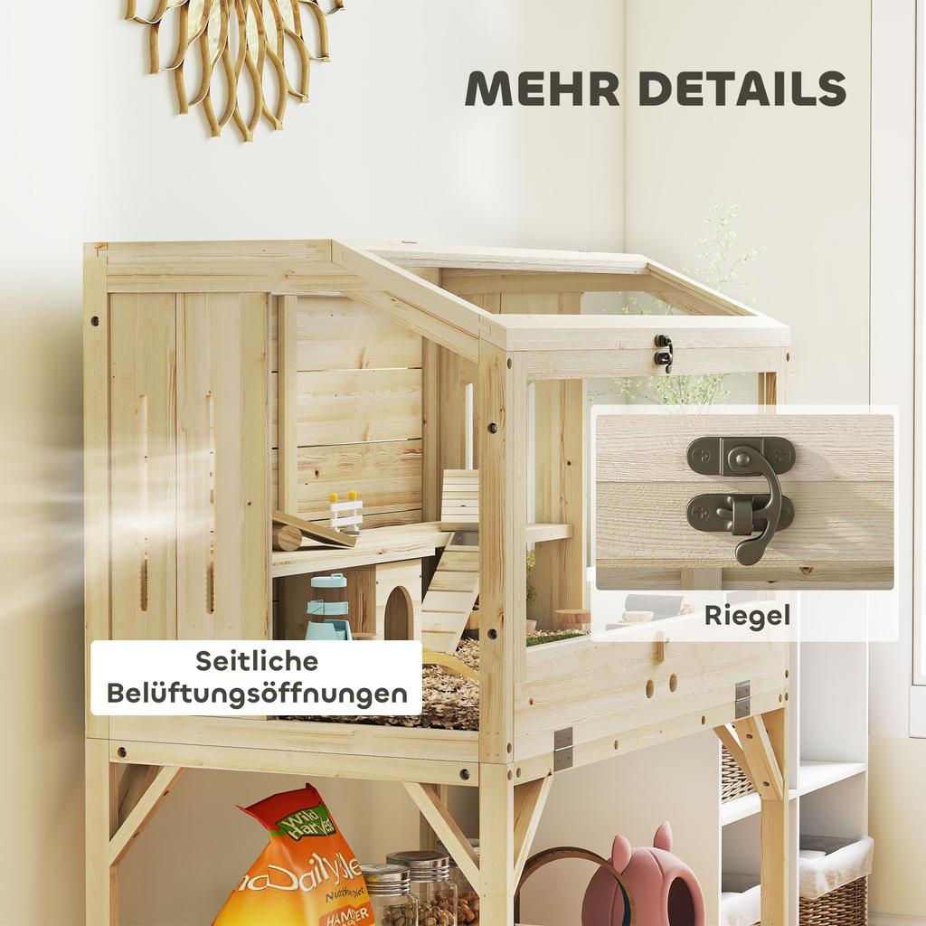 Hamster cage, 2 levels, small animal cage with storage compartment, accessories, 84 x 53 x 110 cm, natural wood