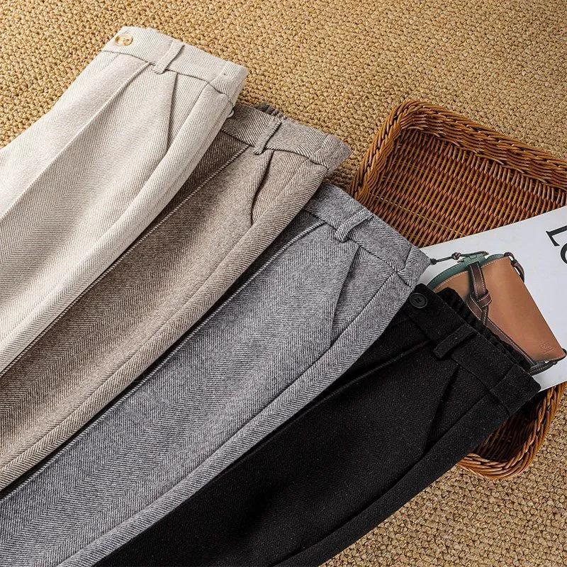 Four Seasons Wool Blend High Waisted Trousers Women's Spring Autumn Thickened Trousers with Plush Lining Trousers