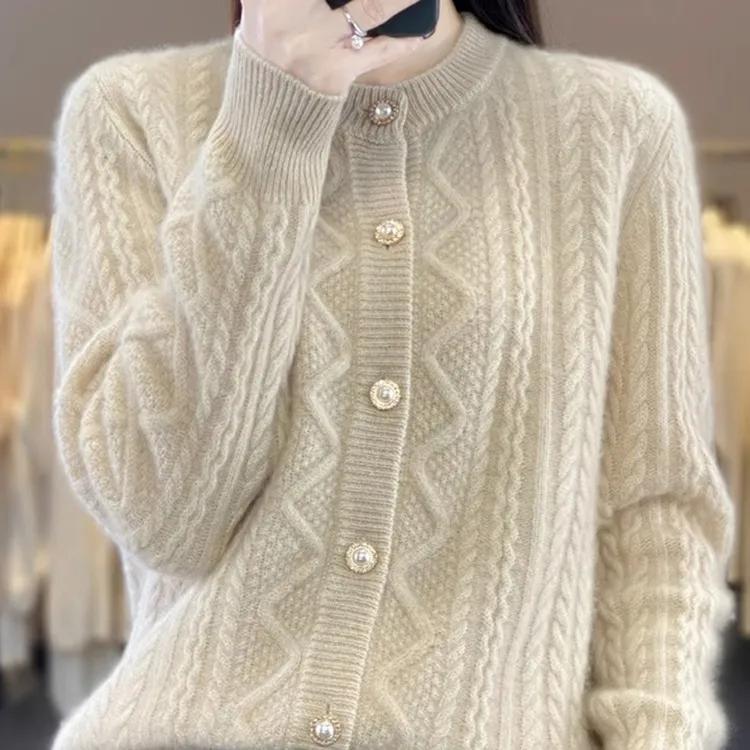 Women's Autumn and Winter Gentle Round Neck Fried Dough Twists Sweater Long Sleeve Knitting Casual Coat