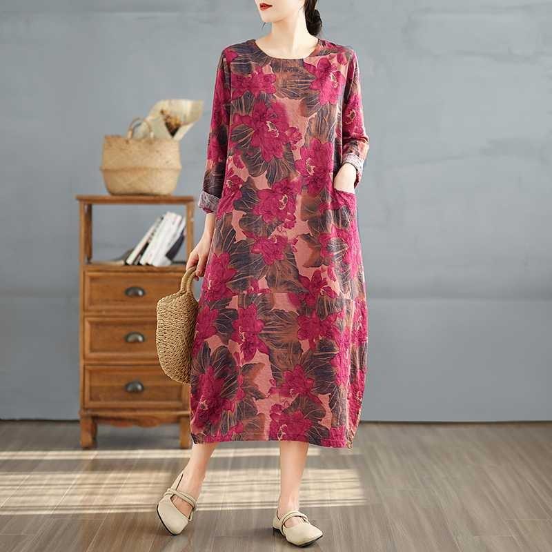 Round Neck Long Sleeve Loose Plus Size Long Dresses