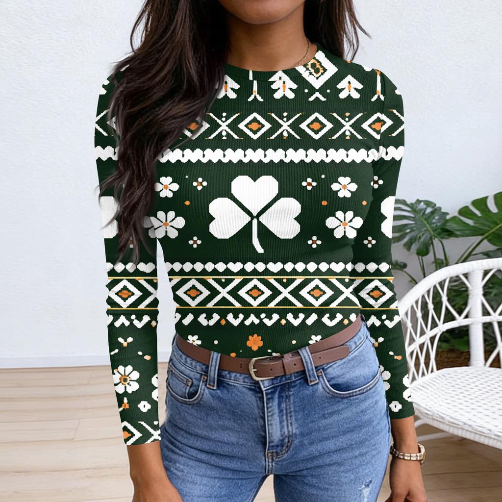 Women's And Winter Slim T-shirt Fashion Casual Printing Round Neck Pullover Long Sleeve Top