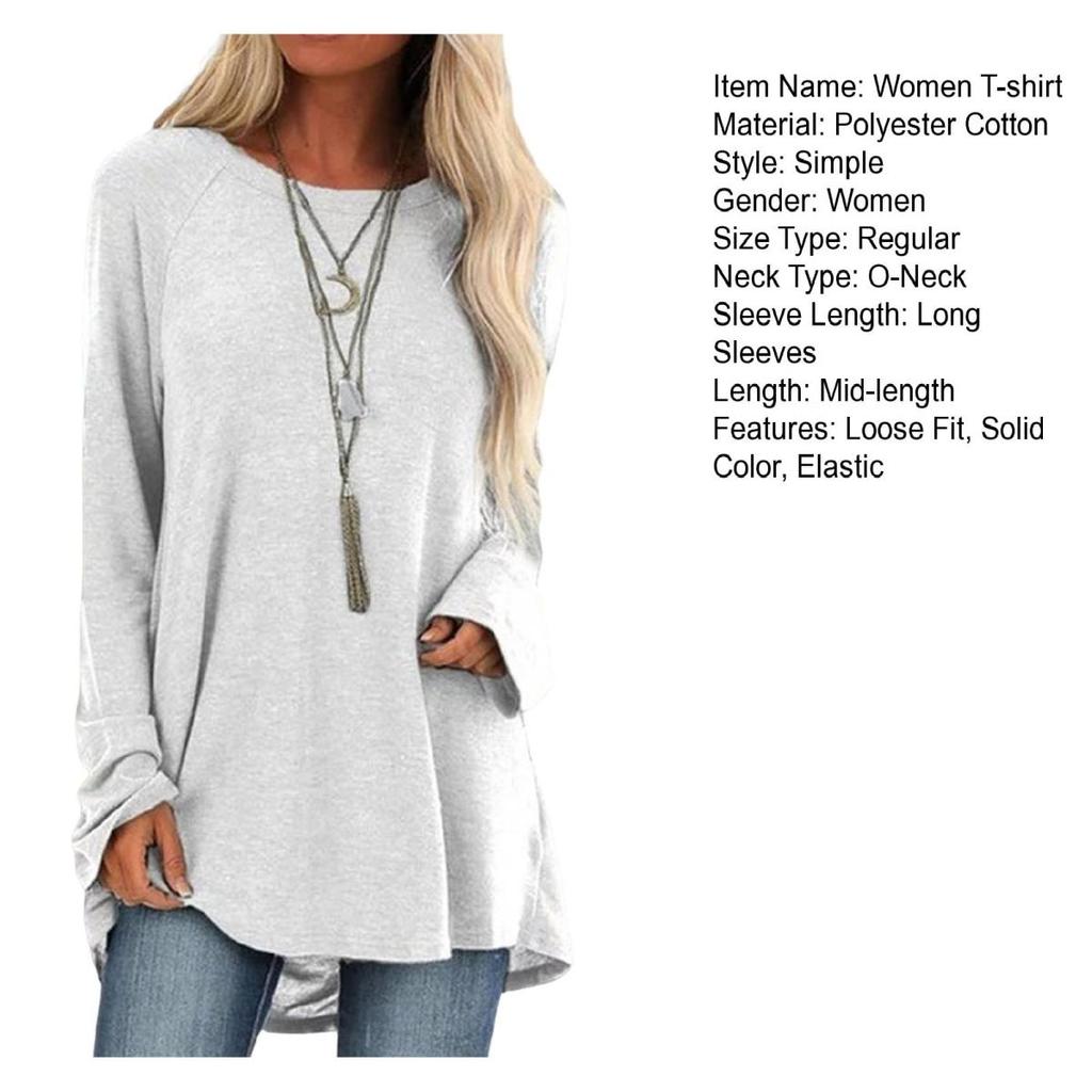 Yousheng Women Tops Round Neck Long Sleeve Loose Fit Solid Color Tunic Top Casual Shirt with Hip Coverage Length