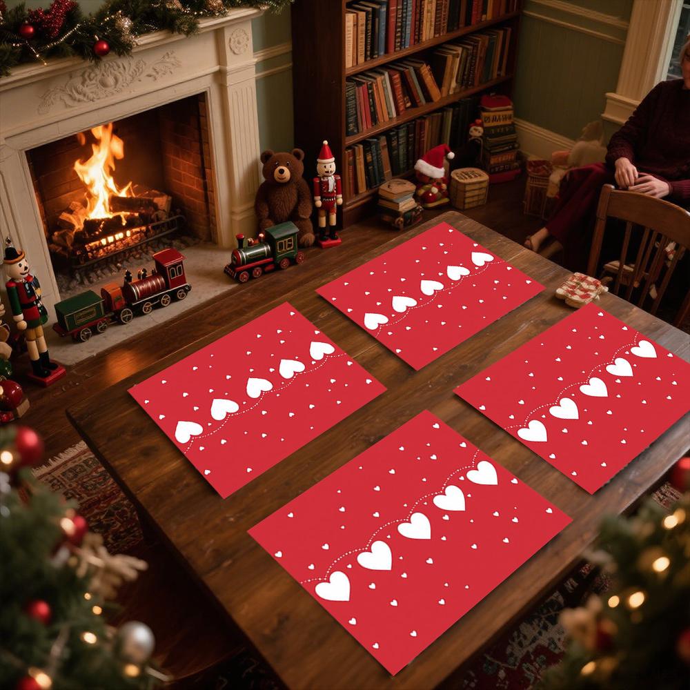 1pc or 4/6pcs Heart-Shaped Placemats - Red & Heart Pattern with Deer & Snowflake Design, Heat-Resistant Polyester Table Mats for Valentine'S Day