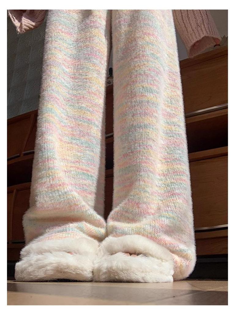 145cm Rainbow Knit Sticky Rice Wide-Leg Pants for Women, Petite, Autumn/Winter 2025, Floor-Length, Loose Fit.
