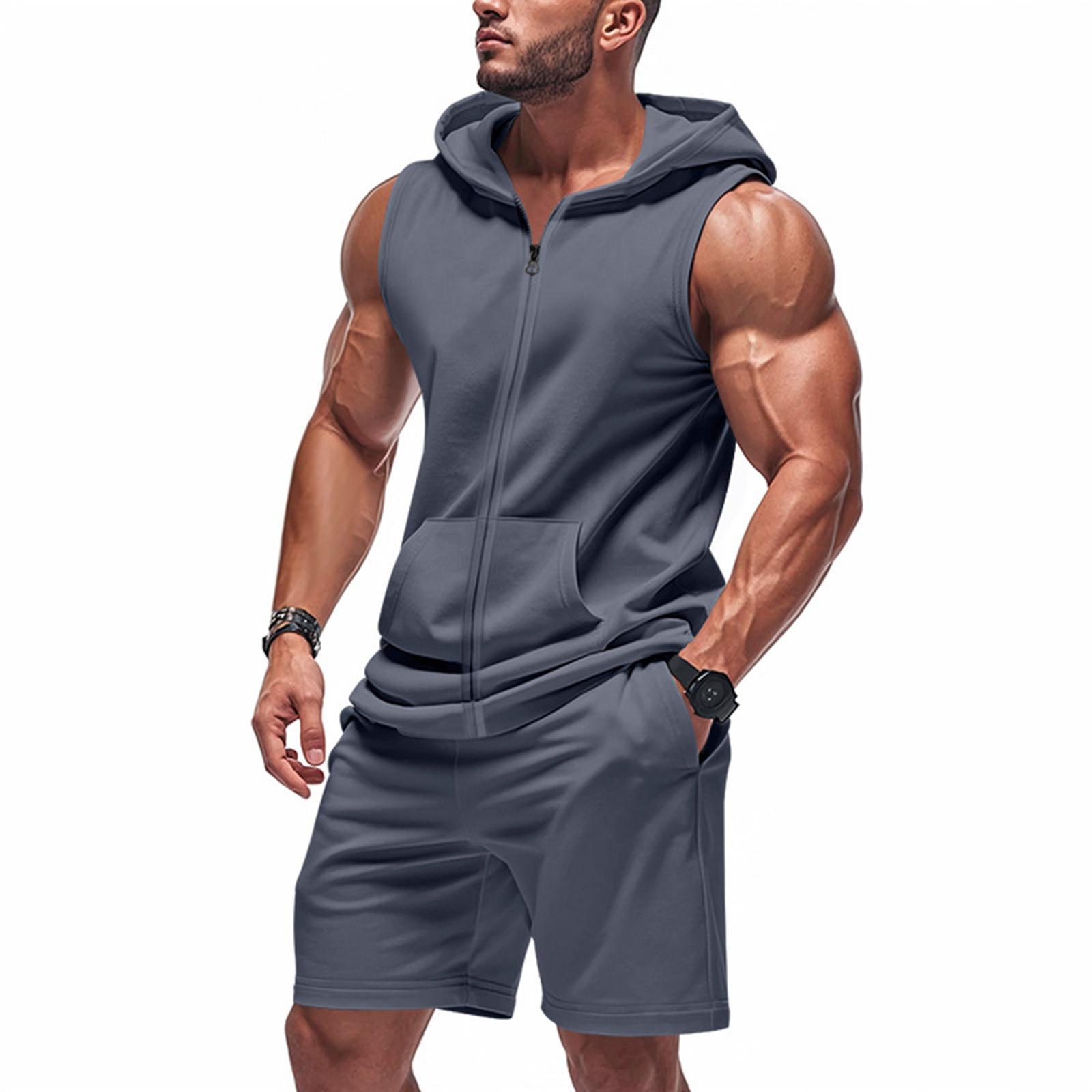 

Men s Hooded Sleeveless Jacket With Pockets Casual Sports Shorts Set XL