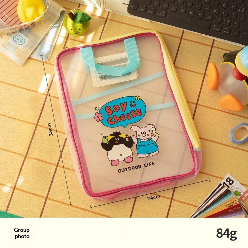 Colorful Cute Large Capacity File Bag, Transparent Document Handbag For Student Exams, A4 Zipper Paper Storage Bag