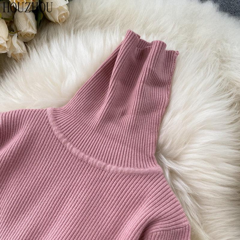 ROchie midi tricotată HOUZHOU pentru femei coreeană vintage elegantă, solidă, cu gât înalt, subțire, toamnă și iarnă, caldă, clasică, cu fundul de bază