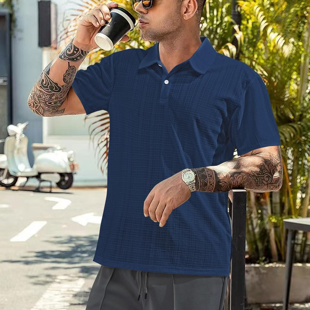 Solid Color Polyester Small Grid Lapel Shirts Men's Short Sleeve Polo Shirts