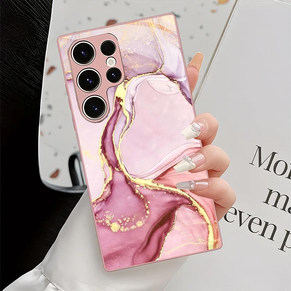 Marmortexturierte metallische Lackglas-Handyhülle geeignet für Samsung Galaxy S26 S25 S24 S23 S22 S21 S20 FE/Ultra/Plus stoßfest