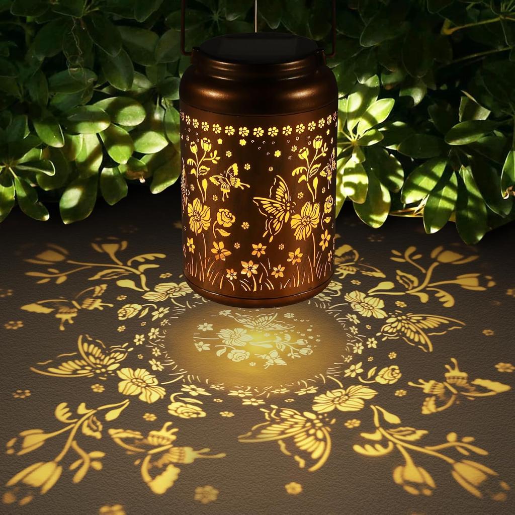 Solar Lantern Outdoor Hanging Lights Christmas Birthday Gifts for Women Mom and Grandma Butterfly Flower Metal Garden Decor Outside Waterproof LED