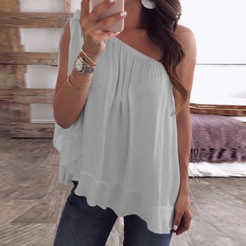 

Womens Casual One Off Shoulder Shirt Blouse Ladies Loose Tshirts Tops Plus Size Gray,XL