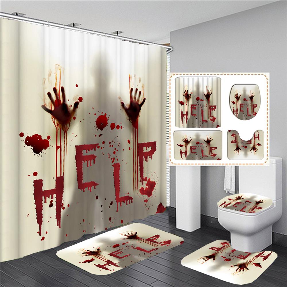 Black Skull Skeleton Printed Shower Curtain Set Horrible Halloween Festival Bathroom Decor Pedestal Rug Lid Carpet Toilet Cover