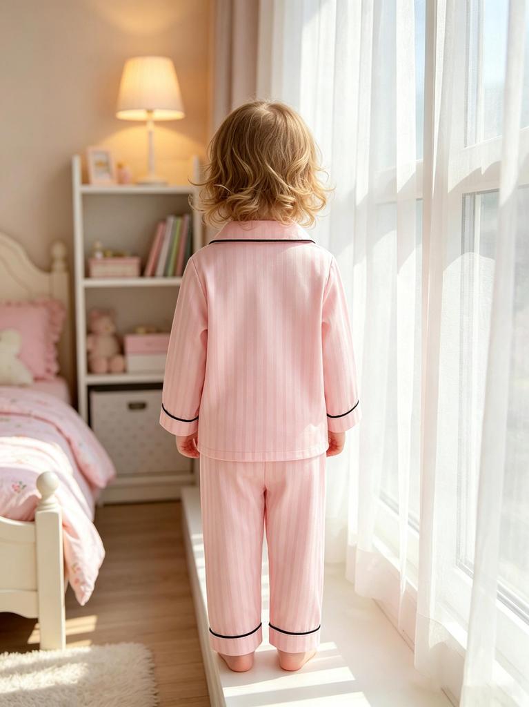 Baby Girls Satin Pajama Set, Pink Striped Long Sleeve Button Down Sleepwear Loungewear for 6M-3Y