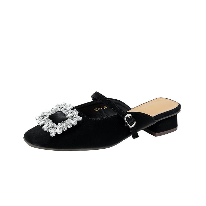 Y523-7 French rhinestone design sense versatile spring and autumn new gentle evening shoes thick heel bag head slippers women