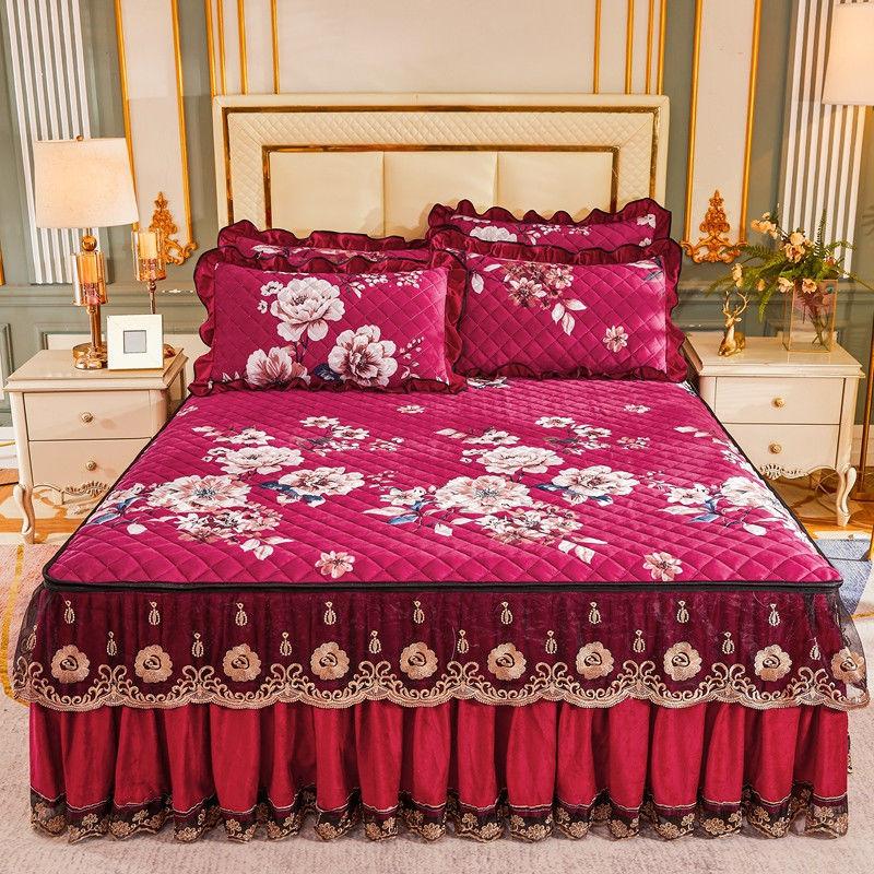 High Grade Winter Crystal Velvet Thicken Quilted Bedspread King Queen Size Flannel Quilting Bed Skirt Including Pillowcase