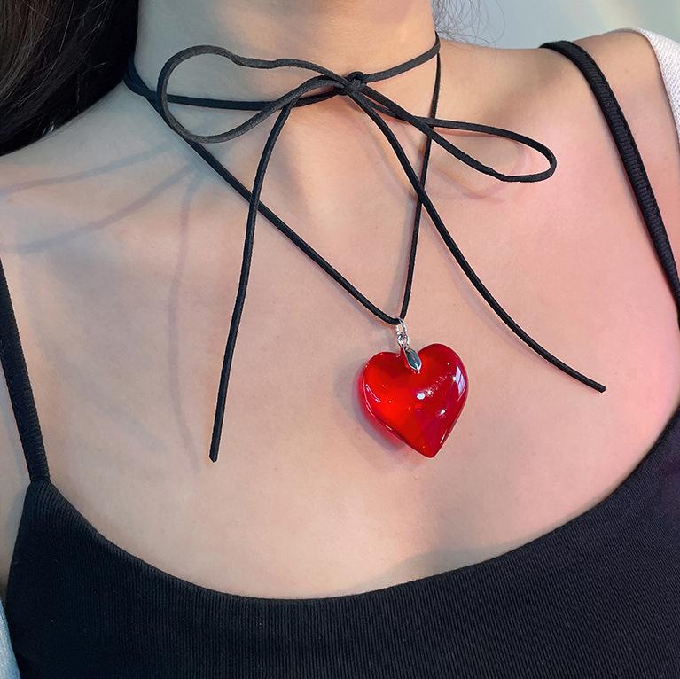 6 Colors Hip Hop Colorful Love Heart Pendant Necklace Women Punk Silver Color Beads Chain Grunge Jewelry Accessories Steampunk