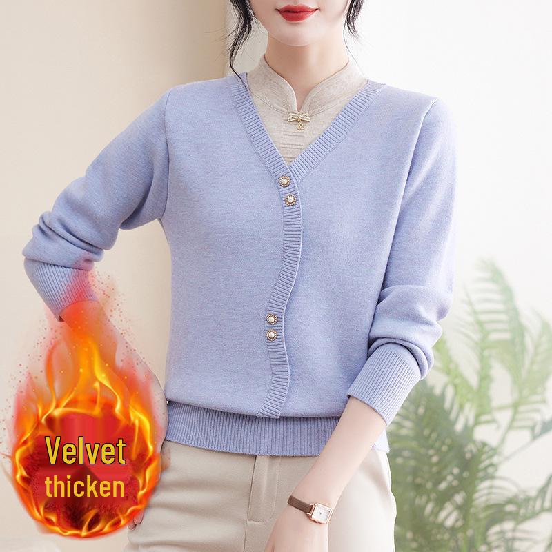 Mom's Winter Qipao-Style Two-in-One Velvet Sweater for Middle-Aged Women
