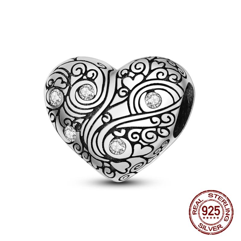 Inlaid Zircon Charm Beads Copper Color Love Heart Snake Dangle Fit Original Bracelet Charms Pendant Jewelry