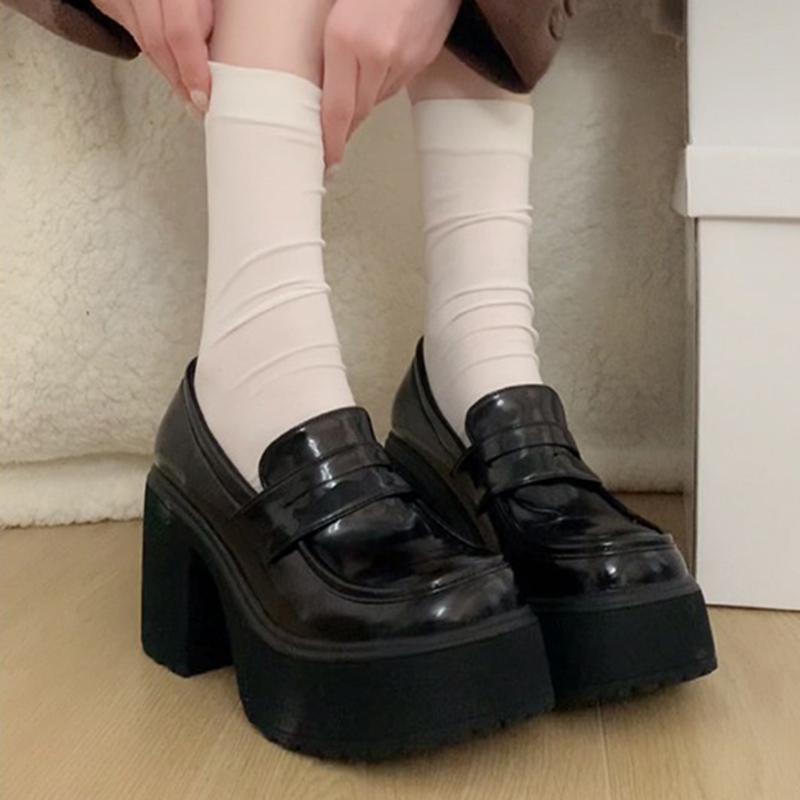 Gothic Chunky High Heels Pumps for Women 2025 Spring Patent Leather Platform Loafers Woman Black Thick Heeled Jk Lolita Shoes