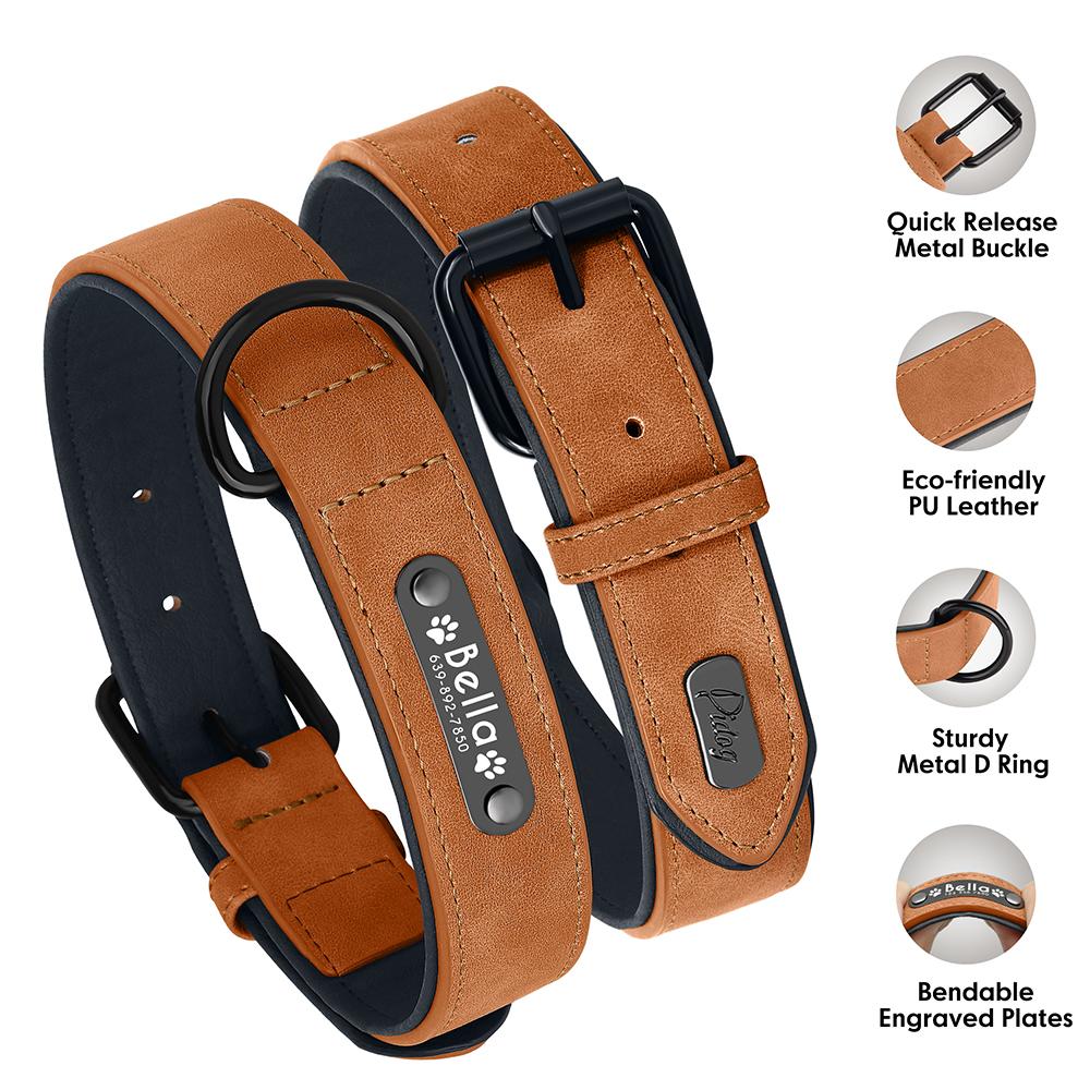 Personalized Name Paw Dog Collar PU Leather Dog Collars Soft Padded Pet Puppy Necklace Free Engraving for Small Large Dogs S-XL