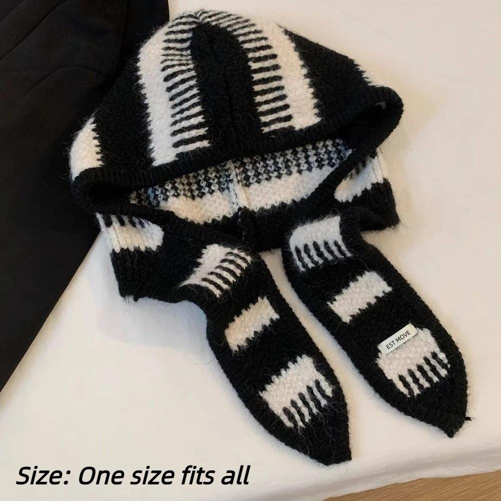 Windproof Winter Knitted Scarf Keep Warm Stripes Hat Scarf Hooded Scarf for Women  Autumn Winter