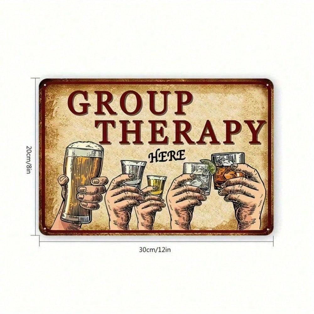 1PC Vintage Group Therapy Tin Sign, Funny Retro Bar Wall Art with Raised Glasses, Humorous Metal Plaque for Man Cave
