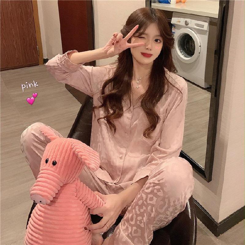 Women's Lingerie Pajamas Set Two-piece Silk Pajamas Long-sleeved Cardigan Trousers Printed Home Clothes Warm Season and Autumn Pajamas