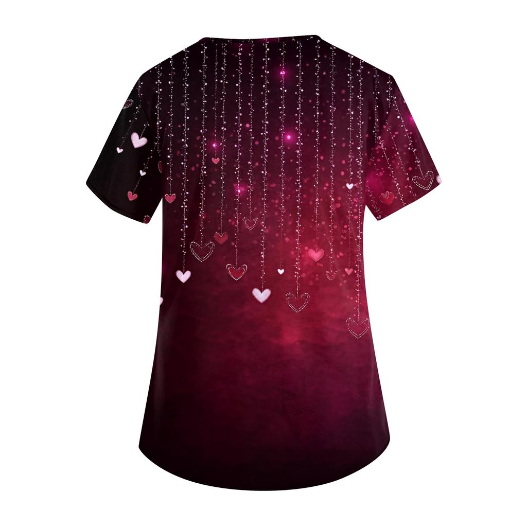 Damesmode werkkleding met V-hals, korte mouwen en bedrukte zakken