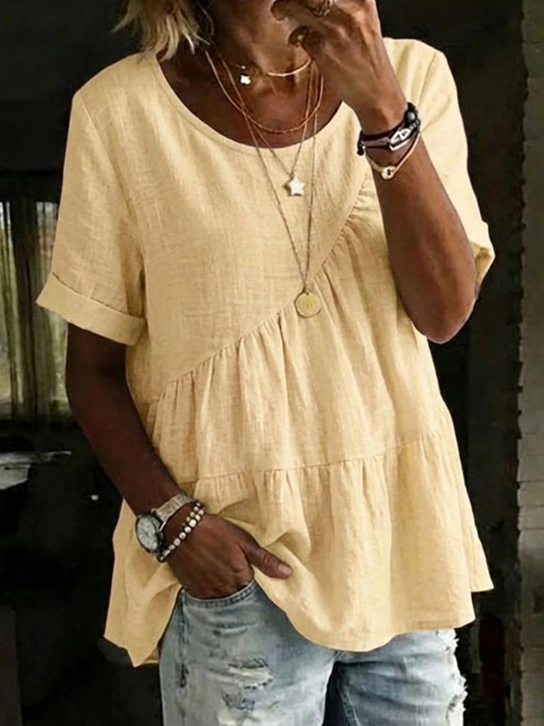 1116 European and American new women's casual and comfortable round neck solid color cotton and linen loose short sleeves