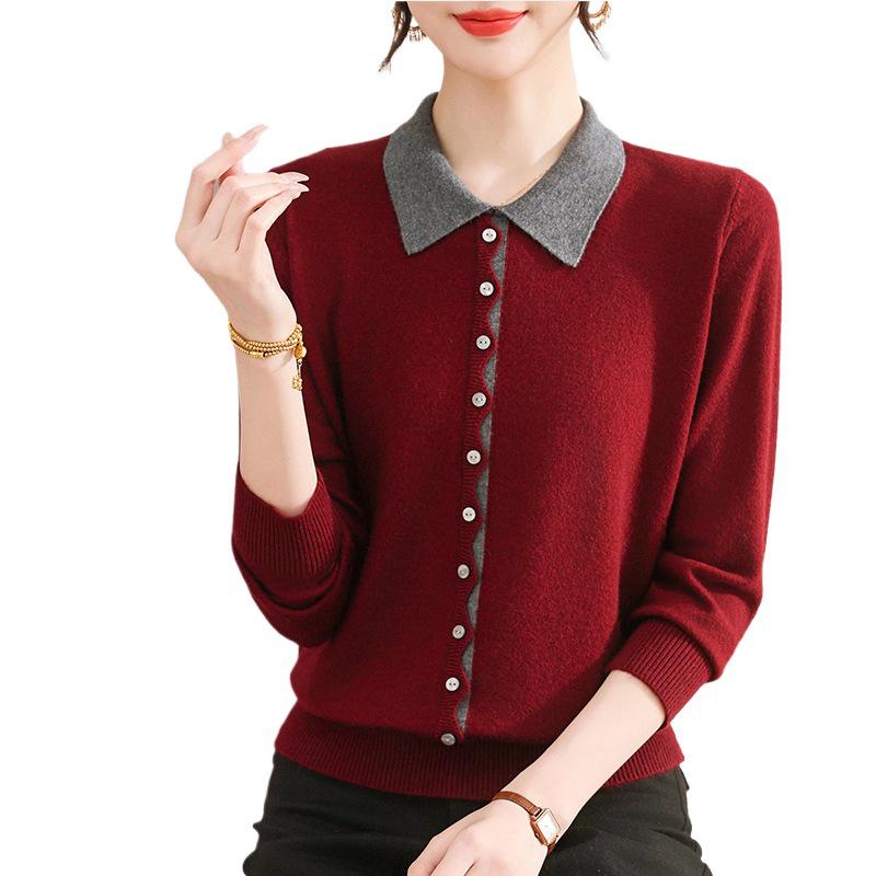 Women's Autumn/Winter Wool Knit Turn-Down Collar Long Sleeve Top