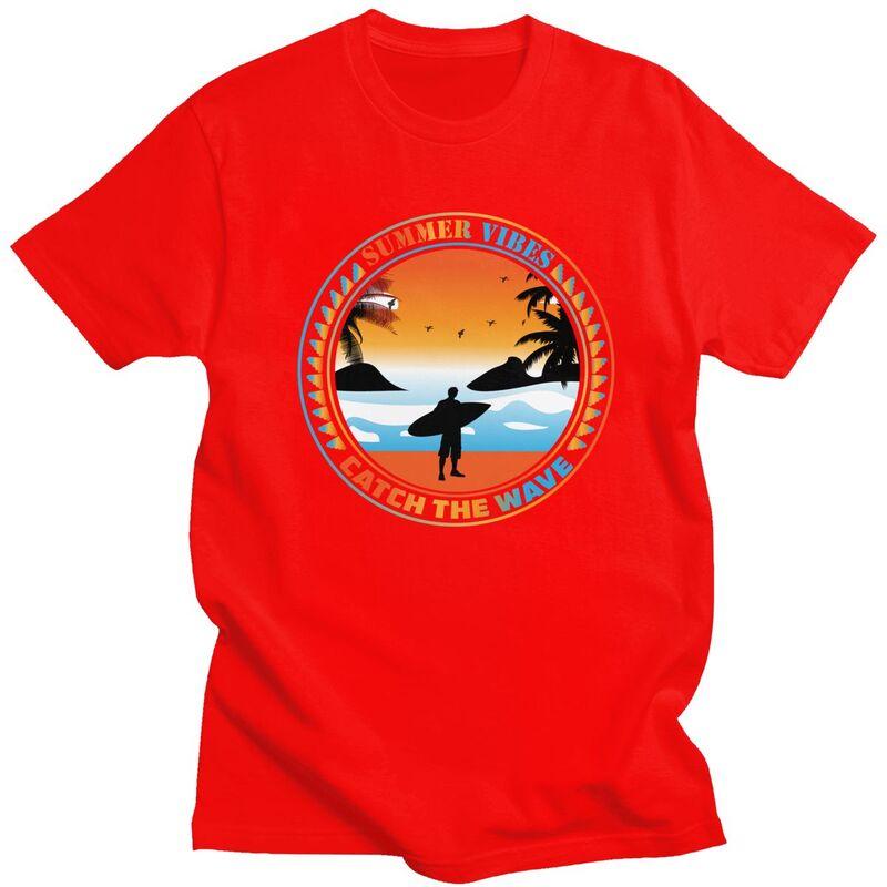 Custom Trendy Summer Vibes Catch The Wave T Shirt Men Short Sleeve Pure Cotton Tshirt Surfing Surfer Tees Fashion Tshirt S