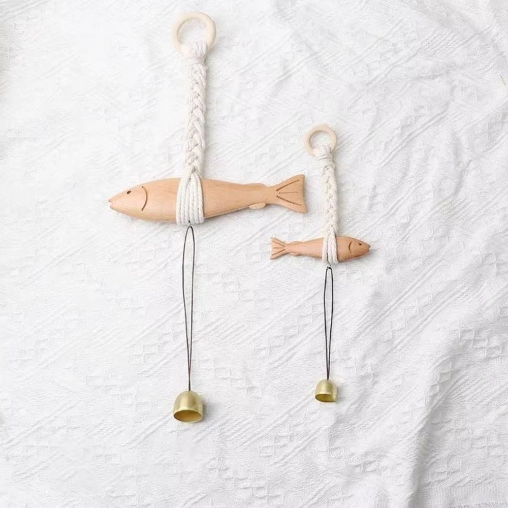 Hand Carved Wood Fish Sculpture With Bell Nautical Pendant Ornament  Garden Patio