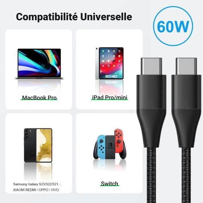 Lot de 3 câbles USB-C vers USB-C pour iPhone 18 Pro/17/16/15 - E.F.CONNECTION - Nylon Tressé Noir 1M