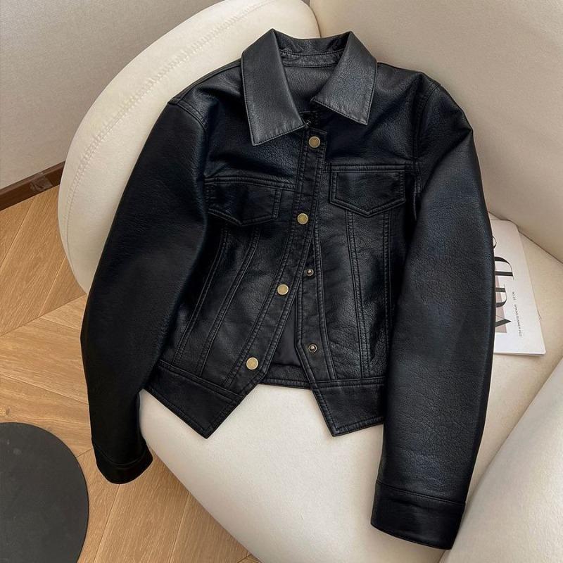 

Haining Leather Women s Autumn New Thin Short Spring and Autumn Lapel Dopamine Leather Jacket Fashion Jacket L чёрный