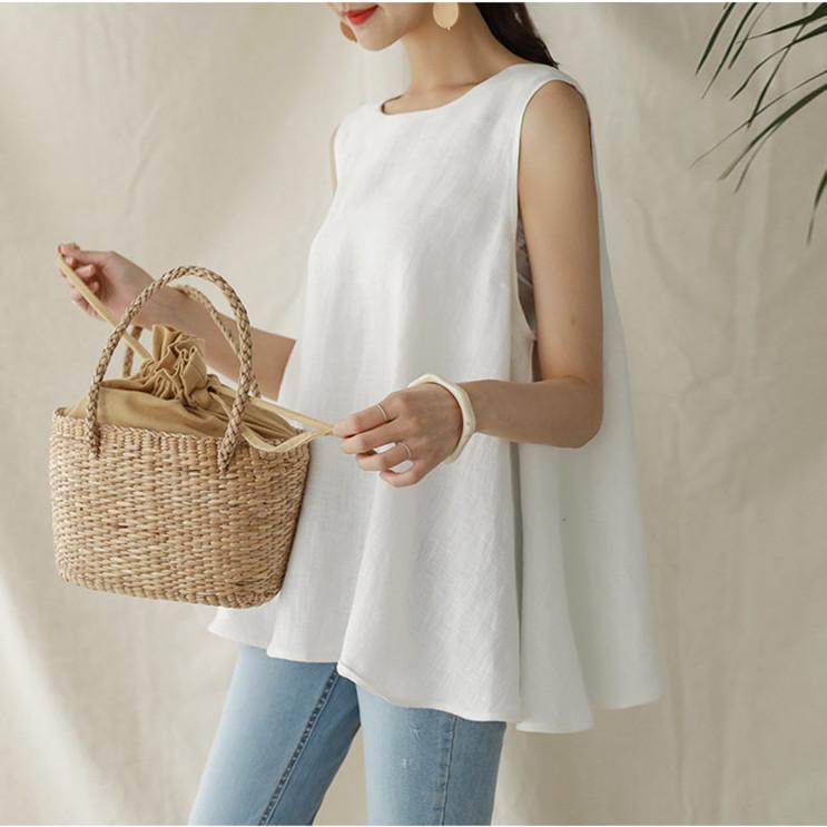 Summer O Neck Sleeveless Shirts With Belt Elegant Cotton Linen Blouse Women Casual Tops Fashion Solid Loose Clothes Blusas 27938