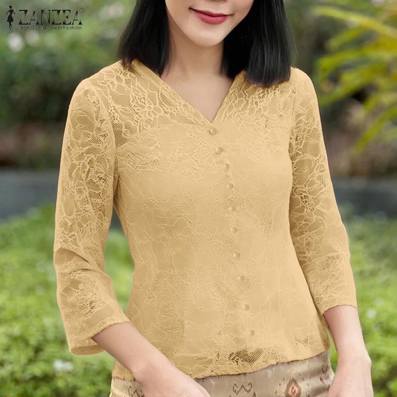 ZANZEA Women Casual V-Neck 3/4 Sleeve Lace Patchwork Blouse