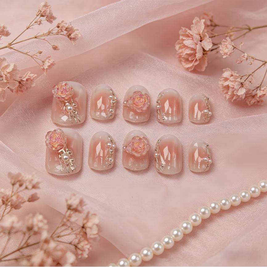 Gradient Rose Gold Rhinestone Press-on Nails - Handmade Camellia Design, Short and Versatile.