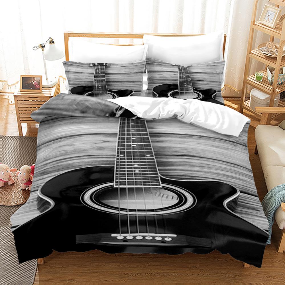 Duvet Cover And Pillowcase For Boys TeenRetro Style GuitarBlack Sound System 3D PrintMusic SeriesComforter Cover Set Queen