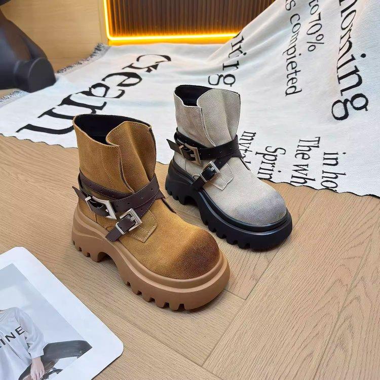 Cowhide version~ thick-soled heightening short boots women's 2025 new autumn retro western boots small big-headed knight boots