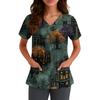 Women's V-Neck Short Sleeve Work Uniform Shirt with Pockets, Halloween Print