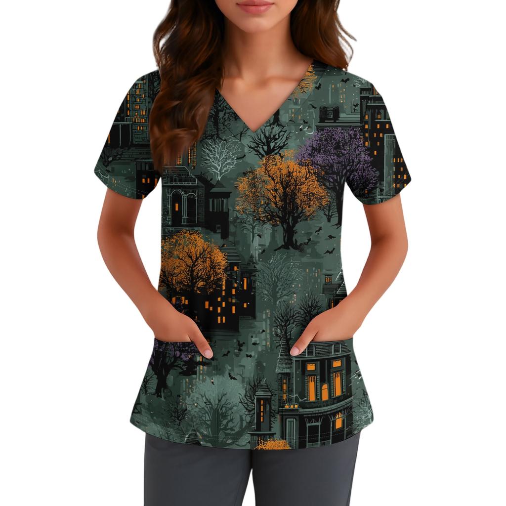 Women's V-Neck Short Sleeve Work Uniform Shirt with Pockets, Halloween Print