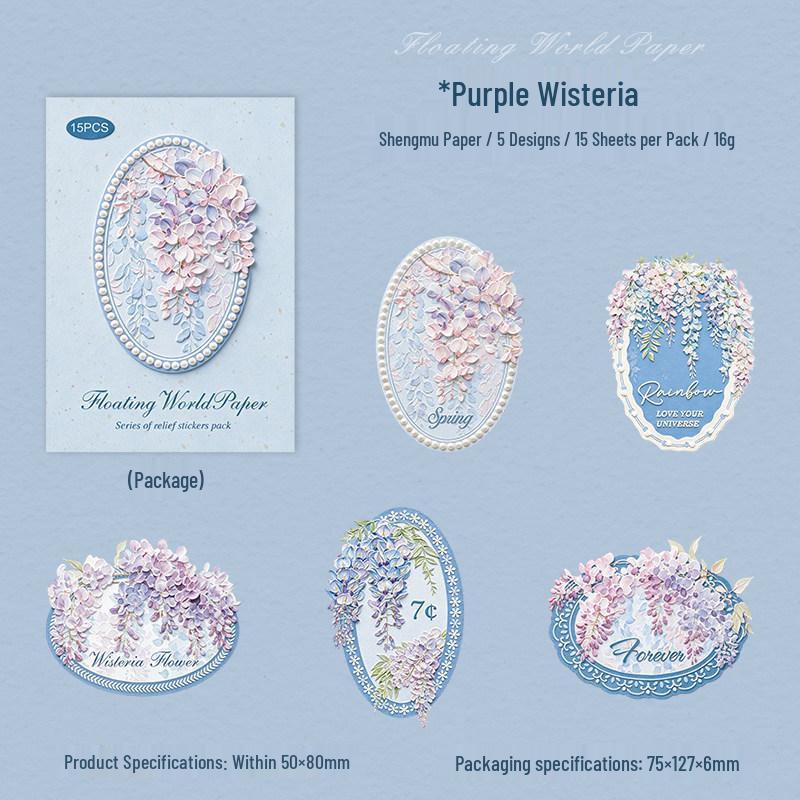 3D Ukiyo-e Floral Embossed Stickers: Retro Artistic Collage Materials for Journals