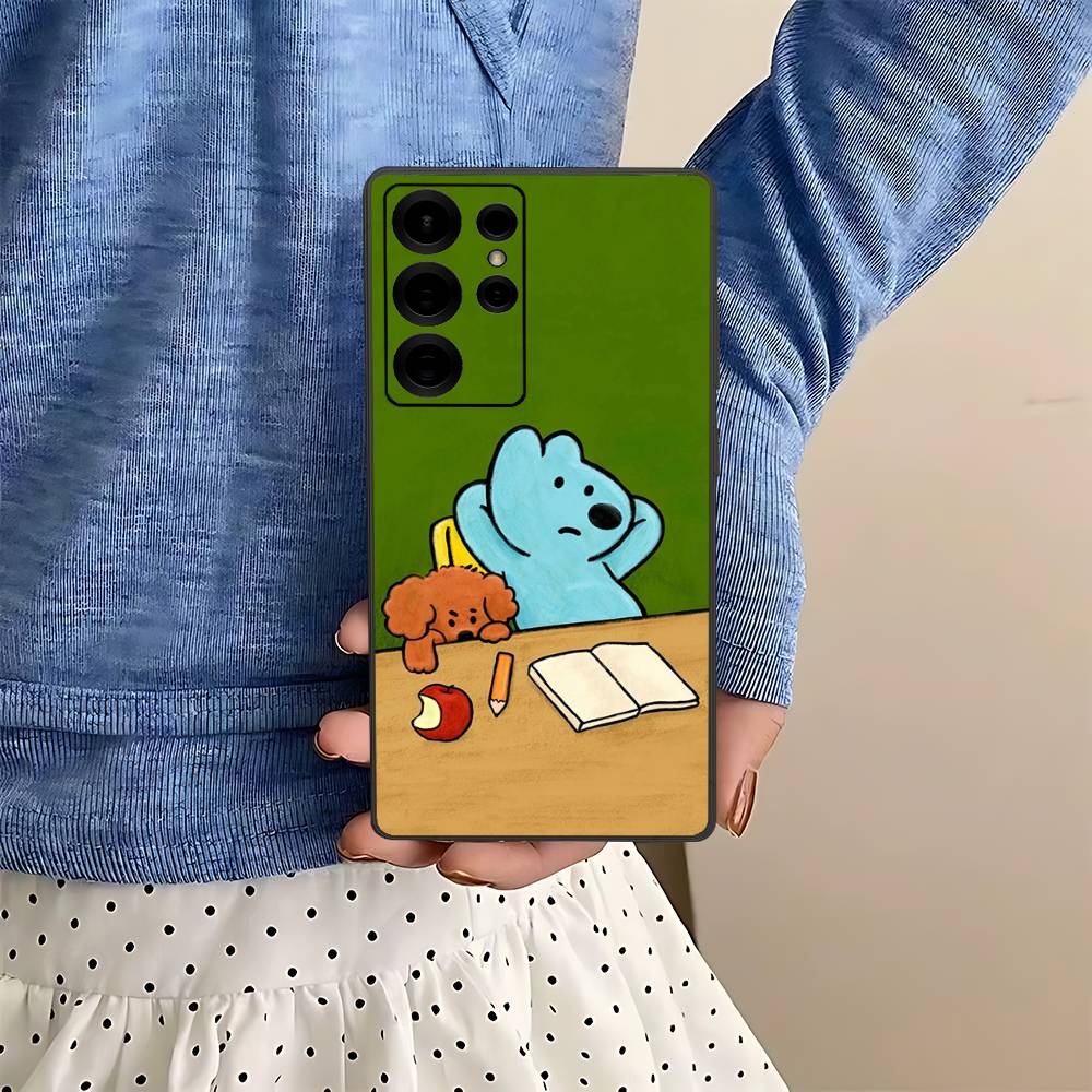 

Cartoon Blue Brown Dog Pink Border Phone Case For Samsung S 24 fe 25 Ultra plus 20 lite 21 30 22 23 24 22 Ultra 5G Fundas Samsung S23 Plus 5G