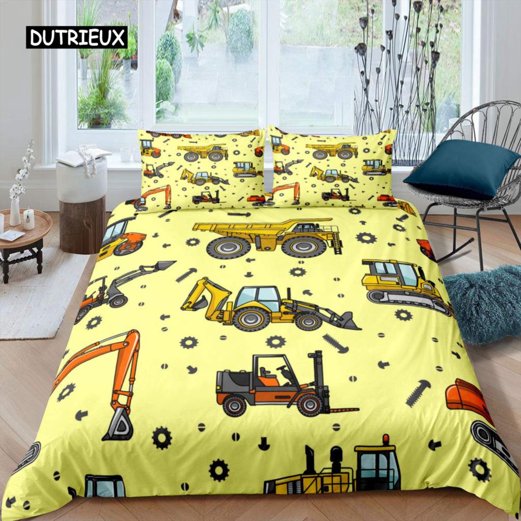 Excavator Duvet Cover Set Microfiber Tractor Truck Comforter Cover Twin Construction Vehicle Cartoon Bedding Set for Boys Teens