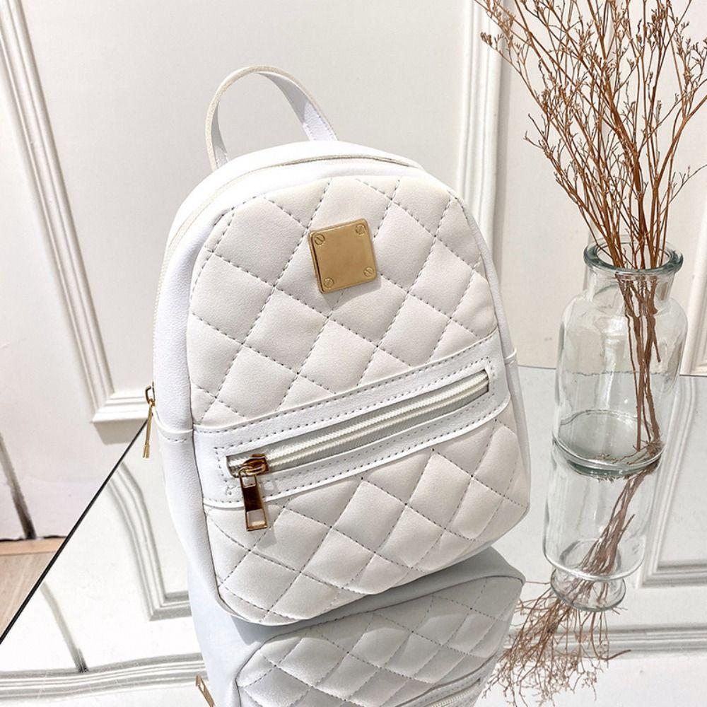 Mini Lingge Embroidery Small Backpack Fashion Solid Color Zipper Women Shoulder Bag Large Capacity PU Leather Travel Rucksack