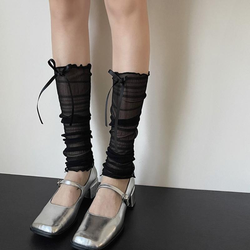 Womens Girls See Through Ruched Mesh Loose Leg Warmer Cute Ribbon Bowknot Lightweight Leg Cover Footless Lace Socks